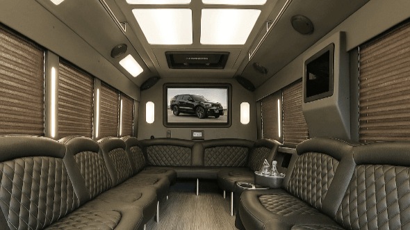 Interior of Charter Bus Company Cedar Rapids's 50 Passenger Party Bus in Cedar Rapids